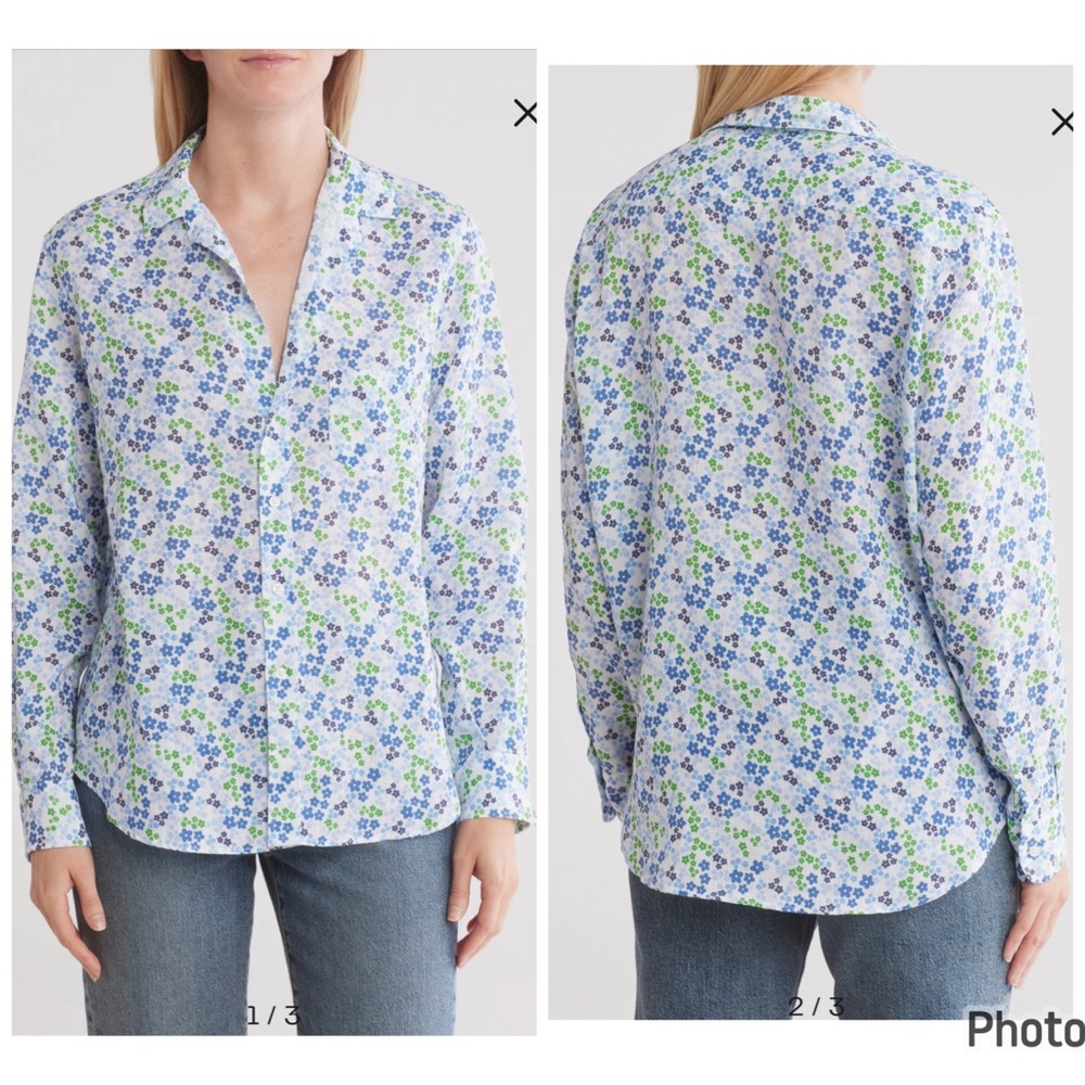 Frank & Eileen Relaxed Fit Floral Button Down‎ Shirt Blue Green White XS Linen
